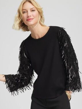 Chico's Black Fringe Sequin Sleeve Sweater Festival Cocktail Party